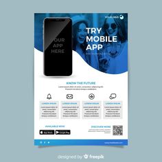 a blue and white flyer template for a mobile phone app with an image of two women