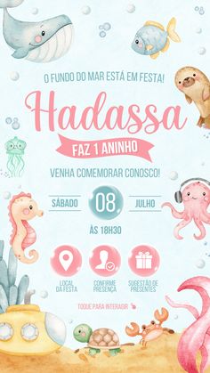 a poster with an image of sea animals in the water and under the words hadassa faz annho