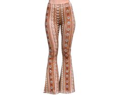 "These bell bottom pants feature our exclusive rust brown hamsa hand print. High waisted with a dramatic flare, they are gorgeously flattering and slimming on many body types. Stretch knit material make them super comfortable and versatile. They can be worn with many different tops and shoes for a variety of dressed-up or dressed-down looks. Garment Measurements: XS Waist 24\" Rise 10\" Inseam 31\" S Waist 26\" Rise 10\" Inseam 31\" M Waist 28\" Rise 10.5\" Inseam 32\" L Waist 30\" Rise 10.5\" I Bell Bottom Leggings Outfits, Bell Bottom Leggings, Loungewear Pants, Boho Leggings, Yoga Festival, Stretch Yoga, Dream Outfits, 70s Hippie, Bell Bottom Pants