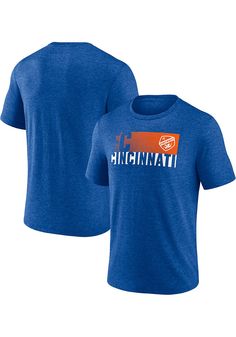 Support your FC Cincinnati in this Blue Short Sleeve Fashion Tee! This GAMEDAY PLAY Fashion T Shirt features a screen print team color and secondary color block gradient with team name and logo on front chest. Be ready to shout "WE don't, WE don't, WE don't mess around, HEY!" when you wear this FC Cincinnati Short Sleeve Fashion T Shirt in the stadium or on the street. Blue Cotton Moisture-wicking Shirt, Blue Shirt With Team Name For Fans, Blue Shirt With Graphic Print For Fan Gear, Blue Graphic Print Shirt For Fan Gear, Blue Shirt With Graphic Print For Fans, Blue Fan Apparel Shirt With Team Name, Blue Screen Print T-shirt For Sports Events, Blue T-shirt With Screen Print For Sports Events, Blue Fan Apparel Shirt With Screen Print