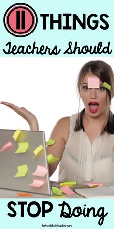 a woman with sticky notes on her face sitting in front of a laptop and pointing at the screen