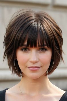 Angled Bangs Short Hair, Bob Hairstyle With Bangs Women, Short Brown Bob With Bangs, Short Length Hair With Layers And Bangs, Graduated Bob With Bangs, Bob Cut With Bangs Round Face, Short Bob With Bangs Round Face, Bangs Hairstyles Short Hair, Short Hair Bob With Bangs