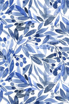 blue leaves and berries are painted on a white background with watercolors in shades of blue