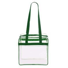 Stadium Approved Tote Bag With Green Trim This sturdy clear tote bag with zipper closure is perfect for NFL games and measures 12 x 12 x 6.It has 35 inch handles. - Top zipper closure- Shoulder length straps- Handy flat exterior pocket- Perfect for men or women We also supply our stadium approved bags in bulk. For wholesale information please visit https://clear-handbags.com/pages/wholesale Clear Concert Bag, Clear Beach Bag, Flat Exterior, Concert Bag, Concert Bags, Clear Stadium Bag, Nfl Stadiums, Tote Bag With Zipper, Clear Handbags