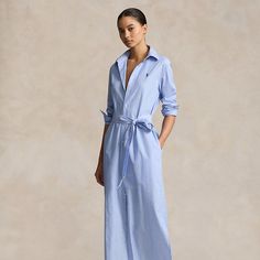 This version of Polo’s shirtdress is woven with crisp cotton poplin with side slits at the hem and a fluid self-belt. Our embroidered Pony accents the chest for a signature finish. Sweatpants And Sweater, Classic Shirt Dress, Travel Clothes, Cotton Shirt Dress, Ralph Lauren Jeans, Ralph Lauren Dress, Ladies Dress Design, Vest Dress, Cotton Poplin