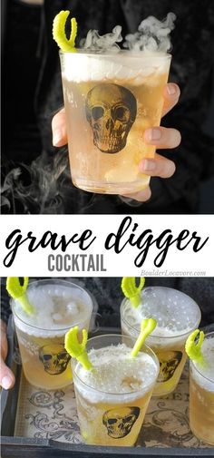 two pictures with drinks in them and the words grave digger cocktail written on one side