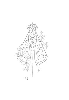 a drawing of a woman in a dress with flowers on the side and a cross at the top