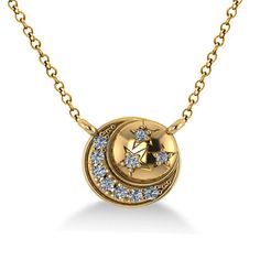 Diamond Crescent Moon & Stars Pendant Necklace 14k Yellow Gold 0.14ct Star Necklaces, Necklaces Rose, Yellow Diamond Necklace, Rose Gold Diamond Necklace, Diamond Star Necklace, Diamond Locket, Rose Gold Pendant Necklace, Classy Necklace, White Gold Pendant Necklace