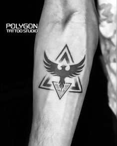 a black and white photo of a tattoo with an eagle in the middle of it