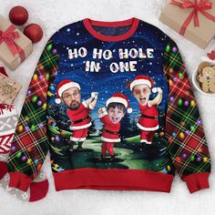 Tee up some fun this holiday season with a personalized ugly sweater designed specifically for golf lovers and golf team members! Featuring your favorite photo and playful golf-themed elements, this sweater is sure to stand out at any holiday gathering. Made from soft, cozy fabric, it’s perfect for keeping warm while celebrating the festive season in style. Whether you’re giving it as a gift to your golf buddy, team captain, or the whole crew, this personalized sweater brings laughter and camaraderie to the holidays. It’s the ultimate way to showcase your love for the game while spreading holiday cheer, making it a hole-in-one gift for any golfer! MESSAGE: Ho ho hole in one. PRODUCT DETAILS: Each Ugly Sweater is constructed from an ultra-soft and incredibly comfortable wool, perfect for ev 3d Sweater, Christmas Golf, Golf Sweaters, Personalized Sweater, Hole In One, Sweater Design, Holiday Gathering, Kids Sweater, Ugly Sweater