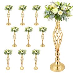 a gold vase filled with lots of white flowers and greenery next to each other