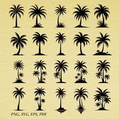 the silhouettes of palm trees are shown in black and yellow colors on a piece of paper