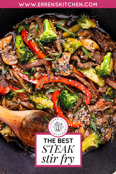 This delicious steak stir fry recipe features a savory and slightly sweet sauce with fresh ginger and garlic. The tender steak is marinated and served with crunchy vegetables.

Your family will love this easy and flavorful steak stir fry, perfect for a quick dinner and ready in just 45 minutes! It is better than takeout! 

Stop at errenskitchen.com for easy, delicious, and even quick recipes for breakfast, lunch, dinner, and desserts! Steak And Cabbage Stir Fry, Leftover Steak Stir Fry, Steak Marinade For Stir Fry, Steak And Zucchini Stir Fry, Sirloin Steak Stir Fry Recipes, Stir Fry Steak Recipes, Stir Fry Beef Recipes, Steak Stir Fry Recipes, Flank Steak Stir Fry