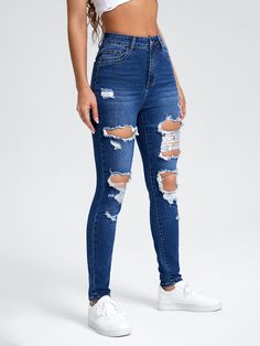 Medium Wash  Collar  Denim Plain Skinny Embellished High Stretch  Women Denim Denim Jeans Outfit, Casual Denim Jeans, Chic Jeans, Flare Denim Jeans, Black Ripped Jeans, Denim Chic