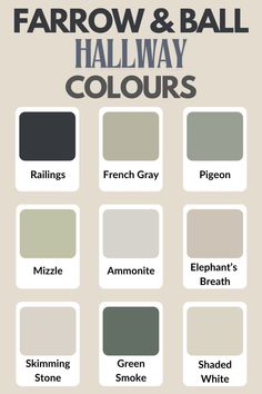 the color scheme for farrow and ball hallway colours, including grays, green,