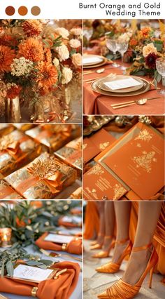 an orange and gold wedding theme is featured in this collage with flowers, plates, napkins, and place settings