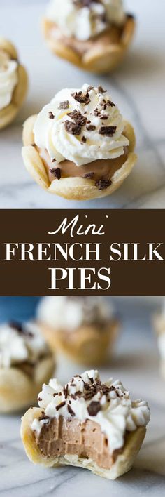 mini french silk pies with white frosting and chocolate sprinkles on top