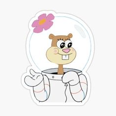 a cartoon character with a flower on his head and arms, sitting in front of a white