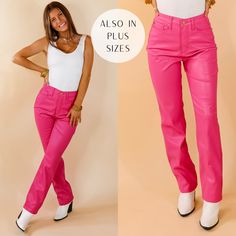 Dance the night away in these Judy Blue hot pink faux leather straight leg pants! Let your look shine with stylish flair for any occasion. Sophisticated and chic, these pants are perfect for letting your personality stand out. Make a statement and Let's Go Party! Inseam measures 28 inches long. Arté is 5'6" wearing a size 1/25. Size Suggestions: 0/24: 24 inches around the waist | Rise: 11 inches 1/25: 25 inches around the waist | Rise: 11 inches 3/26: 26 inches around the waist | Rise: 11 inches Faux Leather Straight Leg Pants, Giddy Up Glamour, In Hot, Straight Leg Pants, 11 Inches, Leg Pants, Letting Go, Hot Pink, Straight Leg