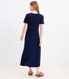 An understated and versatile design in a comfy soft knit, this maxi dress brings a pretty pop of flounce and flow into your everyday style routine. Round neck. Short sleeves.,Hit:Hit: Maxi - Hits at ankle,Imported:Imported,Fit:Fit: Waisted � fits and flatters waist,Length:50 1/2" from top back neck to hem, measured from a size 8/M,Fabrication:57% Cotton 38% Modal 5% Spandex,Garment Care:Machine Washable Loft Short Sleeve Maxi Dress Size XS Deep Space Blue Women's by Loft Size Regular - XS Deep S Navy Casual Short Sleeve Midi Dress, Casual Indigo Midi-length Dress, Blue Non-stretch Denim Midi Dress, Blue V-neck Viscose Midi Dress, Blue Short Sleeve Cotton T-shirt Dress, Petite Maxi Dress, Petite Shorts, Short Sleeve Maxi Dresses, Petite Pants