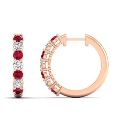 Introducing our exquisite ruby and diamond hoop earrings. These stunning earrings are the perfect blend of elegance and sophistication, making them a timeless addition to any jewelry collection. The vibrant red rubies and sparkling diamonds are meticulously set in a hoop design, creating a captivating and eye-catching piece. Metal: 14K Gold Setting Type: Prong Rhodium Finish: Yes, on White Gold Gemstone Details: Gemstone: Ruby Shape: Round Average Dimensions: 2.50 MM Quantity: 08 Average Cut: Ve Red Round Hoop Earrings Fine Jewelry, Red Hoop Jewelry For Formal Occasions, Ruby Diamond Earrings With Brilliant Cut, Red Diamond Earrings In Fine Jewelry Style, Fine Jewelry Red Hoop Earrings, Red Hoop Fine Jewelry, Red Brilliant Cut Diamond Earrings Fine Jewelry, Rose Gold Ruby Jewelry With Brilliant Cut, Red Brilliant Cut Diamond Earrings