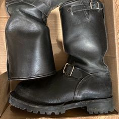 Iykyk - Do You Wear Leather Boots? Do You Understand Wear And Tear On Well-Made Leather Boots? Have You Ever Owned A Pair Of Boots, New Or Used? If So, Great! Please Send Me A Reasonable Offer. Size 10.5 To Be Safe-I’m A 10 But Too Tight In The Width & Room By The Toes. These Boots Are In Great Condition With The Exception Of The Need For A Foot Bed Which You Can Buy From Cvs. They Don’t Need To Be “Redone” Or Repaired And The Vibram Sole Is In Near Perfect Condition. Wesco Mc "The Boss" Engineer Motorcycle Boots Custom Made Genuine Leather Brand: Wesco / Vibram Sole - Iykyk! Style: "Boss Engineer" Motorcycle, Mc, Mid-Calf, Pull On Color: Black. Adjustable Silver Nickle-Plated M Vintage Leather Moto Boots With Steel Toe, Western Moto Boots With Vibram Sole And Round Toe, Vintage Black Moto Boots For Outdoor, Vintage Moto Boots With Vibram Sole, Vintage Black Moto Boots With Snip Toe, Vintage Closed Toe Moto Boots With Leather Sole, Wesco Boots, Foot Bed, Motorcycle Boots