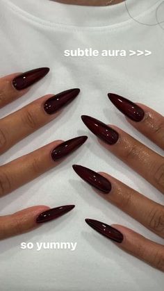 Unique Burgundy Nails, Cute Burgandy Nails, Birthday Nails Dark Colors, Long Almond Burgundy Nails, Cat Shape Nails, Black Nails With Red Bottoms Almond, Nails Acrylic Wine Red, Wine Red Fall Nails, Nails Ideas Fall 2024