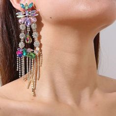 Colorful Crystal Tassel Earrings. Luxury Earrings. Elegant Multicolor Tassel Earrings For Party, Multicolor Fringe Dangle Earrings, Bohemian Multicolor Crystal Earrings For Party, Multicolor Tassel Earrings For Party, Tassel Chandelier Drop Earrings For Parties, Multicolor Dangle Earrings For Party, Multicolor Fringe Jewelry For Party, Multicolor Chandelier Drop Earrings For Party, Tasseled Chandelier Drop Earrings For Party