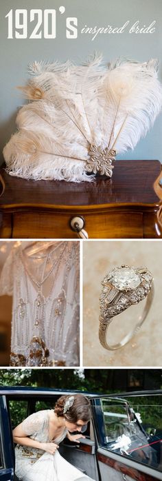 the wedding dress is being displayed in front of a vintage car with feathers on it