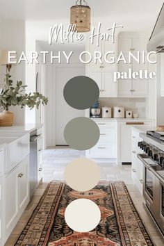 the interior of a kitchen with white cabinets and an area rug that has different colors on it