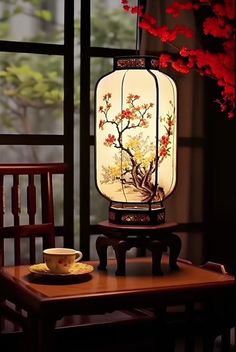 a table with a tea cup and saucer on it in front of a window