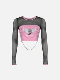 Patchwork Mesh Chain Long Sleeve T Shirts - Anagoc Mesh Top Outfit, Killstar Clothing, Wwe Outfits, Female Inspiration, Pastel Goth Fashion, Static Electricity, Tumblr Fashion, Princess Outfits, Clothing Details