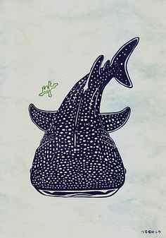 a drawing of a whale with a fish in its mouth and a starfish on it's back