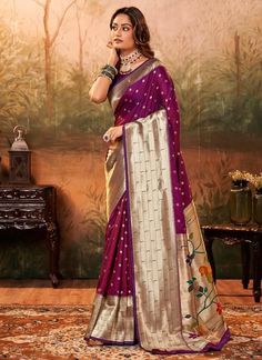 Wine Pure Silk Festival Wear Paithani Saree pavitrapaithanisilk 86005  Desc:  Description  Wine color Pure Paithani silk saree with zari weaving .The blouse comes as unstitched material.    Browse our stunning collection of festive wear and wedding silk sarees at KollybollyethnicS and enjoy complimentary worldwide shipping. Theres no need for a minimum order or coupon code. Elevate your festive spirit with our exquisite silk sarees this season. This Diwali weve introduced a wide array of budget- Bollywood Style Paithani Silk Pre-draped Saree For Puja, Diwali Meenakari Pre-draped Saree In Dola Silk, Festival Paithani Silk Pre-draped Saree With Cutdana, Traditional Purple Paithani Silk Pre-draped Saree, Paithani Silk Pre-draped Saree With Meenakari, Pre-draped Meenakari Saree For Puja And Navratri, Bollywood Style Meenakari Pre-draped Saree For Puja, Bollywood Style Pre-draped Saree For Puja With Meenakari, Navratri Meenakari Pre-draped Saree For Puja