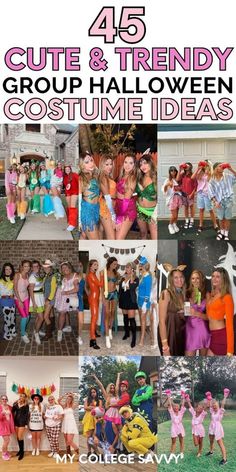 a group of people dressed up in costumes and posing for pictures with text overlay that reads, 46 cute & trendy group halloween costume ideas