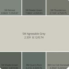 some gray paint colors that are in the same color scheme, with different names on them