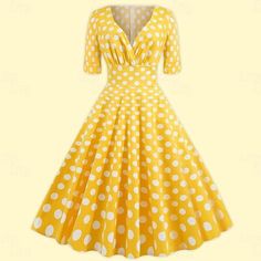 Hemline / Train:Midi; Season:Spring  Summer; Sleeve Length:3/4 Length Sleeve; Look After Me:Wash separately; Gender:Women's; What's in the box:Dress; Types:Flare Dress,Swing Dress; Style:1950s,Classical,Polka Dots,Retro Vintage; Elasticity:Micro-elastic; Material:Cotton; Pattern:Polka Dot; Neckline:V Neck; Listing Date:04/24/2023 1950s Style Polka Dot Dresses For Spring, Retro Polka Dot Dress For Vintage Fashion, Polka Dot Dresses For Vintage Fashion, Vintage Fashion Polka Dot Dresses, Vintage Half Sleeve Summer Dresses, Retro Polka Dot Short Sleeve Dresses, Yellow Retro Dress For Vintage Fashion, Retro Yellow Dress For Vintage Fashion, Fitted Yellow Dress In 1950s Style