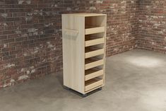 a tall wooden cabinet sitting in front of a brick wall with shelves on each side