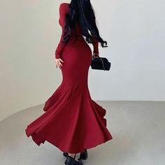 Women Pleated Long Dress Slim Elegant Dress Long Sleeve Wrap Fishtail Dress Elegant Dresses With Mermaid Hem For Fall, Elegant Mermaid Hem Dress For Fall, Fitted Mermaid Hem Dresses For Fall, Chic Fitted Fishtail Dress, Fitted Flare Evening Dress, Stretch Mermaid Fishtail Dress, Chic Mermaid Dress, Stretch Fishtail Dresses, Spring Evening Flare Dress