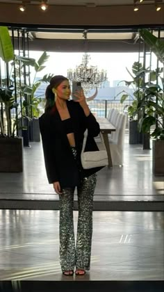 Black Sequin Outfit Night Out, Sequin Pants With Blazer, Sequinned Pants Outfit, Black Sparkle Pants, Outfit Ideas Vegas Winter, Glitter Pants Outfit New Years, Last Vegas Outfit, Winter Evening Outfits Holiday Parties, Glam And Glits Outfit