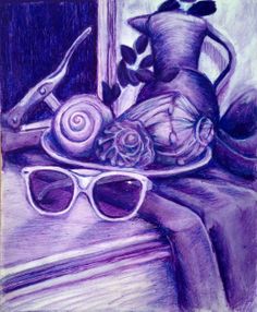 a drawing of some items sitting on a window sill next to a pair of sunglasses