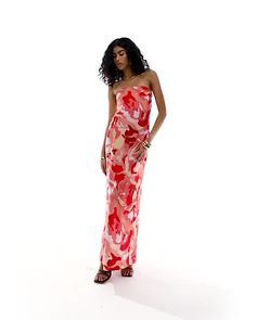 Dresses by Pretty Lavish Best dressed: secured Floral design Bandeau neck Elasticated back straps Slim fit Pretty Lavish, Bandeau Maxi Dress, Red Abstract, Prom Dress Shopping, Winter Party Dress, Brunch Outfit, Best Dressed, Satin Slip Dress, Maxi Dress Trend