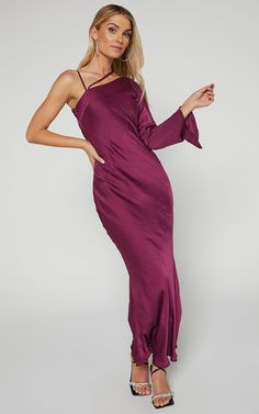 Khacy Midi Dress - One Shoulder Halter Dress in Plum Purple One-shoulder Evening Dress, Purple One-shoulder Evening Dress For Prom, One-shoulder Midi Dress For Prom Season, Purple Satin Maxi Dress For Night Out, Purple One-shoulder Dress For Party Season, Chic One Shoulder Maxi Dress For Bridesmaids, One Shoulder Purple Evening Dress, Glamorous One Shoulder Satin Maxi Dress, Elegant Satin One-shoulder Dress For Date Night