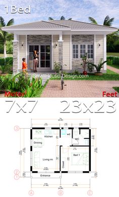 Small House Plan 7x6 Meters 1 Bed Hip Roof PDF full plans Flat Roof House Plans, Gable Roof House, Flat Plan, Single Floor House Design, Flat Roof House, Diy House Plans