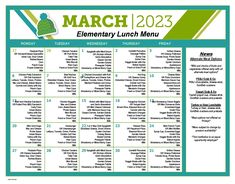 the march calendar for elementary lunch menu