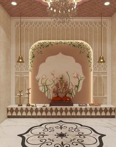 a bathroom with a chandelier and marble flooring in the middle of it