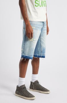 Well-faded nonstretch denim brings an old-favorite look and feel to shorts decorated with ocean-wave embroidery and relaxed with unrolled, threadbare hems. 14" inseam; 23" leg opening; 12 1/2" front rise; 16" back rise (size 32) Zip fly with button closure Five-pocket style 100% cotton Machine wash, line dry Imported Summer Washed Blue Rigid Denim Jeans, Washed Blue Rigid Denim Jeans For Summer, Washed Blue Shorts For Summer Streetwear, Summer Streetwear Washed Blue Shorts, Casual Distressed Dark Wash Shorts, Acid Wash Denim Cutoff Shorts, Summer Washed Blue Rigid Denim Bottoms, Summer Washed Rigid Denim Bottoms, Washed Blue Rigid Denim Summer Bottoms