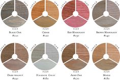 the different shades of wood that are available in each color scheme, including red mahogany, black walnut, white oak, and dark walnut