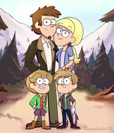 the family is standing in front of some mountains