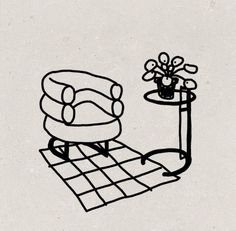 a black and white drawing of a chair next to a table with a potted plant on it